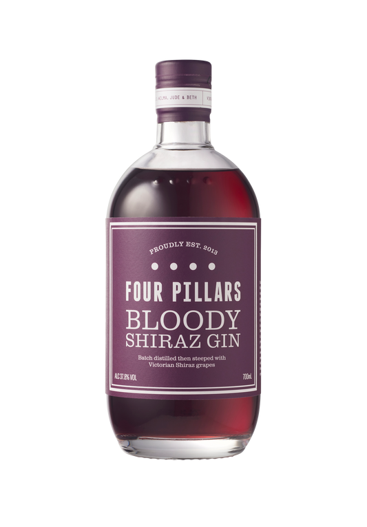 A deep etch bottle of a Four Pillars Gin bottle of Bloody Shiraz Gin